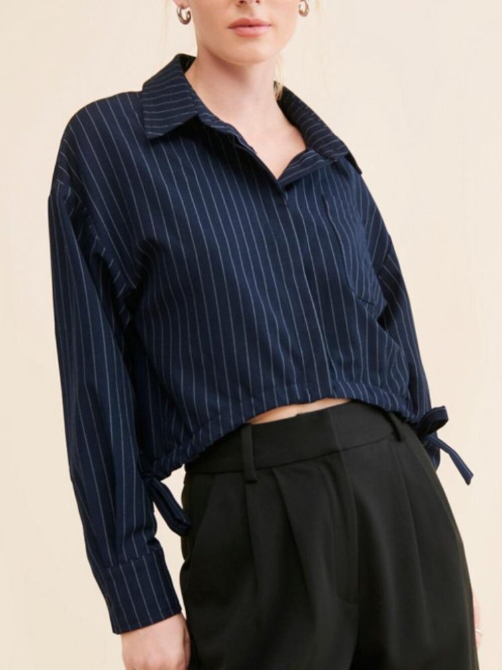Flat White Cinched Side Buttondown blue white stripe cropped relaxed top blouse